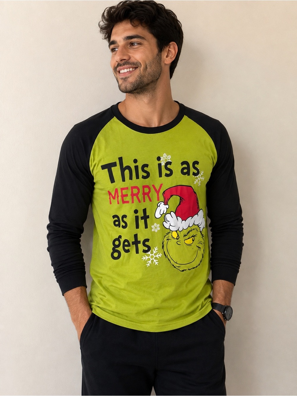Dr. Seuss Men's Lime Green and Black Grinch Raglan Long-Sleeve Tee